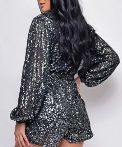 Emprada Jumpsuits & Rompers Anja Black Sequin Wrap Over V Neck Long Sleeve Romper