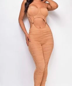 Emprada Jumpsuits & Rompers Roux Beige Ruched Jumpsuit