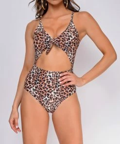 Emprada Moala Brown Cheetah Print Knotted Front Monokini Swim