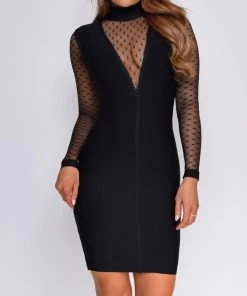 Emprada Dresses Cressida Black Mesh Deep V Neck Bandage Dress