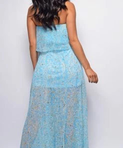 Emprada La Paz Blue Floral Print Tube Sleeveless Side Slit Dress Dresses