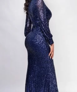 Emprada Marca Navy Blue Long Sleeve Side Slit Ruffle Gown Dresses