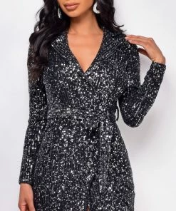 Emprada Sara Black Sequin Belted Dress