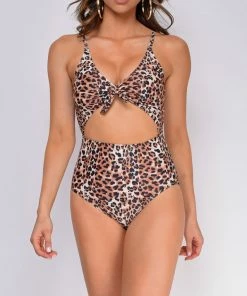 Emprada Moala Brown Cheetah Print Knotted Front Monokini Swim