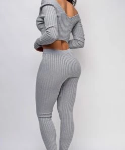 Emprada Mel Grey Ribbed Off Shoulder Set