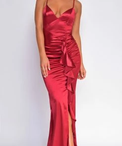 Emprada Dresses Razan Burgundy Red Ruched Ruffled Satin Gown 4 Emprada Dresses Razan Burgundy Red Ruched Ruffled Satin Gown