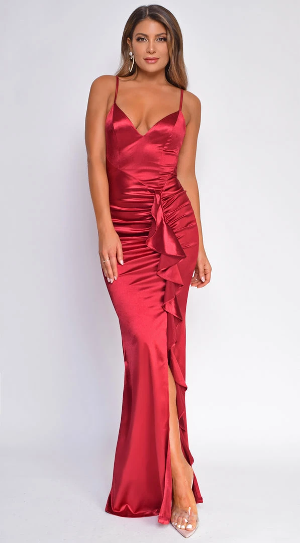 Emprada Dresses Razan Burgundy Red Ruched Ruffled Satin Gown 2 Emprada Dresses Razan Burgundy Red Ruched Ruffled Satin Gown