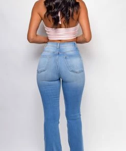 Emprada Jade Blue Distressed High Waist Flare Jeans Bottoms