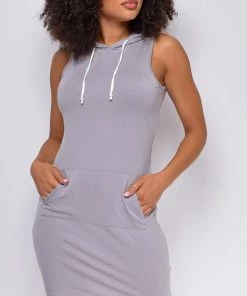 Emprada Reva Grey Sleeveless Hoodie Dress Dresses