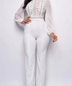 Emprada Nerine White Crochet Lace Mesh Jumpsuit