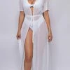Emprada Milos White Mesh Drawstring Open Front Cover-up Dress
