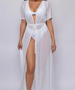 Emprada Milos White Mesh Drawstring Open Front Cover-up Dress
