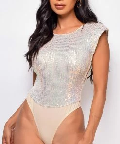 Emprada Houston Opal Beige Sequin Bodysuit Tops