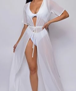 Emprada Milos White Mesh Drawstring Open Front Cover-up Dress