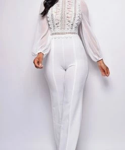 Emprada Nerine White Crochet Lace Mesh Jumpsuit