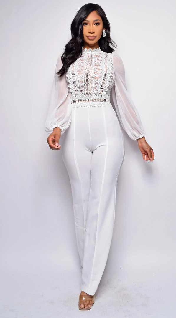 Emprada Nerine White Crochet Lace Mesh Jumpsuit 1 Emprada Nerine White Crochet Lace Mesh Jumpsuit