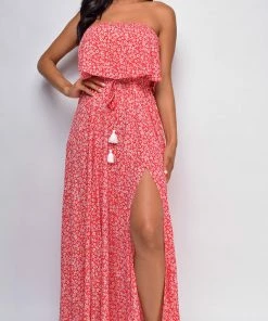 Emprada Rorie Red Floral Tube Sleeveless Side Slit Dress Dresses