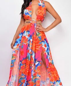Emprada Kiel Orange Multi Color Print Double Slit Maxi Dress Dresses 8 Emprada Kiel Orange Multi Color Print Double Slit Maxi Dress Dresses