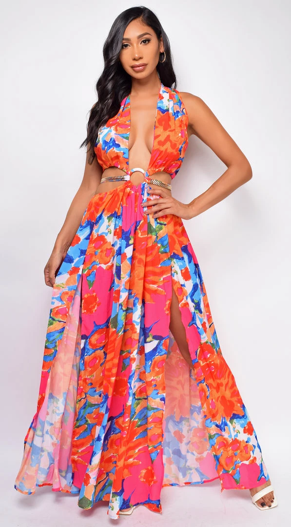 Emprada Kiel Orange Multi Color Print Double Slit Maxi Dress Dresses 4 Emprada Kiel Orange Multi Color Print Double Slit Maxi Dress Dresses