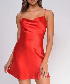 Emprada Skyler Red Cowl Neck Satin Dress Dresses