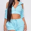 Emprada Enough Of You Blue Crop Hoodie Sweater & Shorts Lounge Set