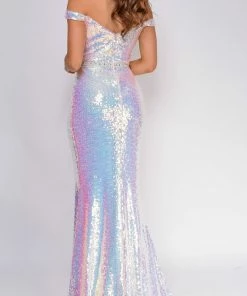 Emprada Vanessa Opal White Multi Off Shoulder Wrap Sequin Gown Dresses
