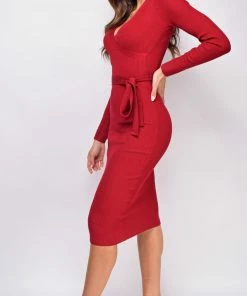 Emprada Evie Red Knit Ribbed Midi Dress Dresses