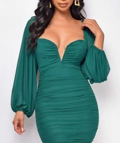 Emprada Calla Green Mesh Ruched Dress