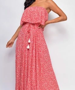 Emprada Rorie Red Floral Tube Sleeveless Side Slit Dress Dresses