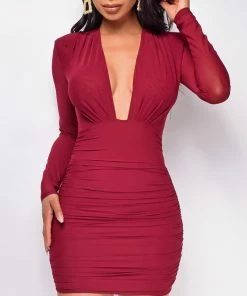 Emprada Dresses Jessica Red V Plunge Ruched Dress