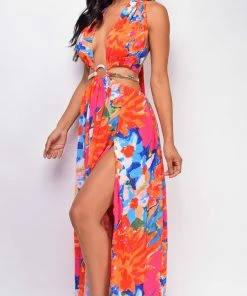 Emprada Kiel Orange Multi Color Print Double Slit Maxi Dress Dresses 7 Emprada Kiel Orange Multi Color Print Double Slit Maxi Dress Dresses