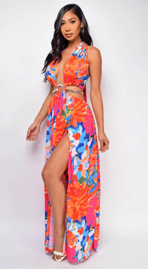 Emprada Kiel Orange Multi Color Print Double Slit Maxi Dress Dresses 3 Emprada Kiel Orange Multi Color Print Double Slit Maxi Dress Dresses