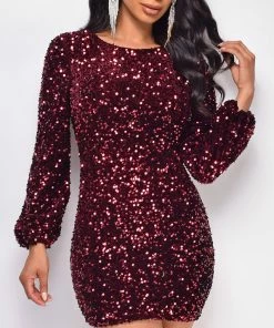 Emprada Ena Burgundy Red Sequin Dress Dresses