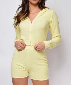 Emprada Kourt Yellow Fuzzy Crop Hoodie Shorts Set