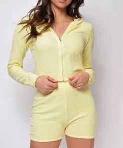 Emprada Kourt Yellow Fuzzy Crop Hoodie Shorts Set