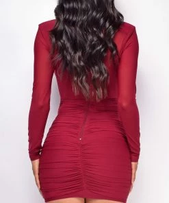 Emprada Dresses Jessica Red V Plunge Ruched Dress