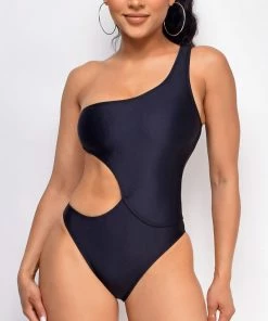 Emprada Jet Set Black One Shoulder One Piece Swimsuit