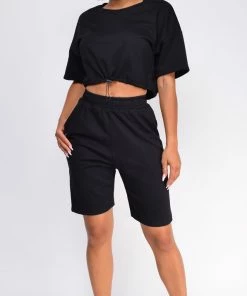 Emprada Loungewear Nia Black Crop Drawstring Top And Short Set
