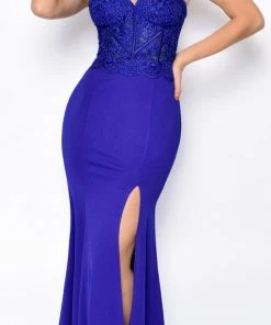 Emprada Aubrianna Royal Blue Lace Bustier Slit Gown