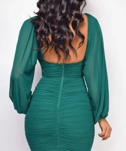Emprada Calla Green Mesh Ruched Dress