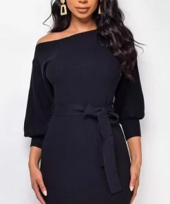 Emprada Larissa Black Off Shoulder Sweater Dress Dresses