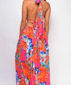 Emprada Kiel Orange Multi Color Print Double Slit Maxi Dress Dresses