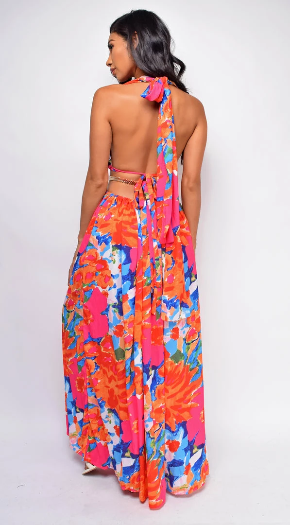 Emprada Kiel Orange Multi Color Print Double Slit Maxi Dress Dresses 2 Emprada Kiel Orange Multi Color Print Double Slit Maxi Dress Dresses