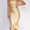 Emprada Belice Gold Strapless Fluted Bandage Dress