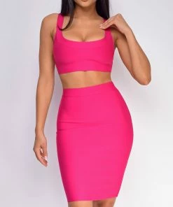 Emprada Milly Hot Pink Bandage Top And Skirt Set Dresses