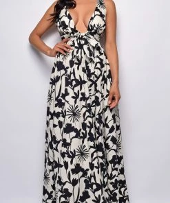 Emprada Dresses Daphnie White Black Floral Print Maxi Dress