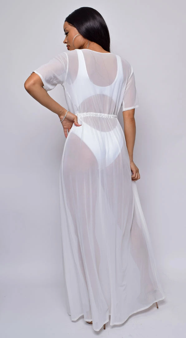 Emprada Milos White Mesh Drawstring Open Front Cover-up Dress 4 Emprada Milos White Mesh Drawstring Open Front Cover-up Dress