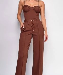Emprada Madely Brown Bustier Wide Leg Pants Set Sets