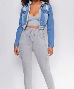 Emprada Myka Denim Blue Grey Hooded Zip Up Jacket