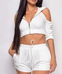 Emprada White Dresses Enough Of You White Crop Hoodie Sweater & Shorts Lounge Set